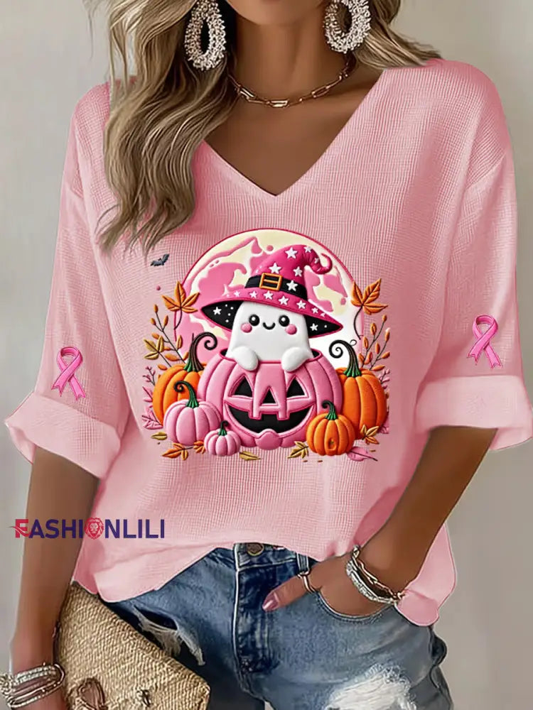 Women’s Breast Cancer Pink Ribbon Pumpkin Ghost Waffle Print Casual T Shirt Pink / S