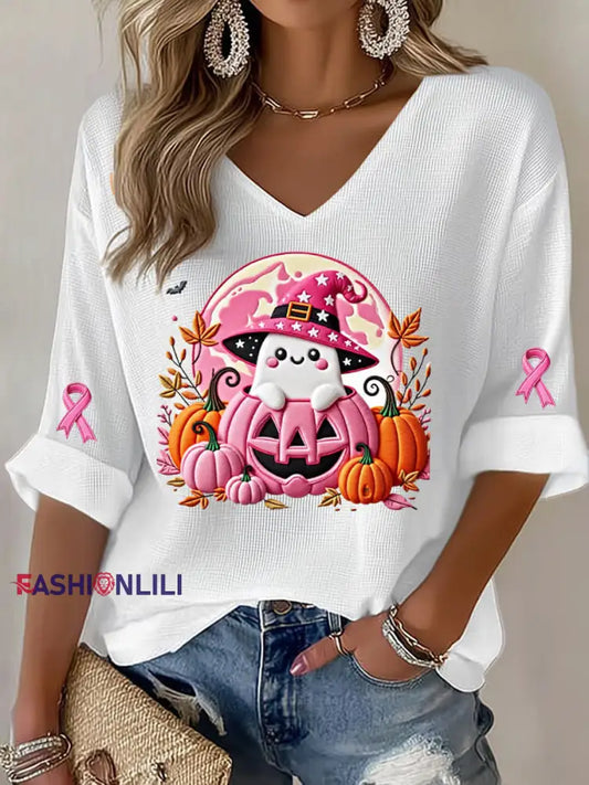 Women’s Breast Cancer Pink Ribbon Pumpkin Ghost Waffle Print Casual T Shirt White / S