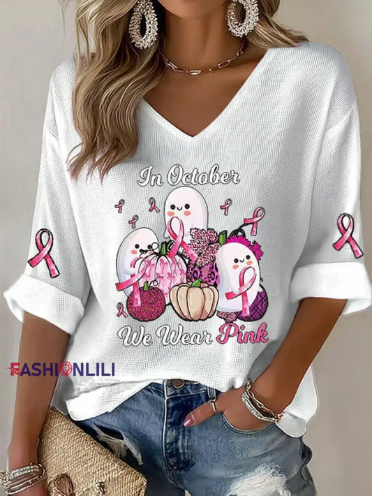 Women’s Breast Cancer Pink Ribbon Pumpkin Ghost Waffle Print Casual T Shirt White / S