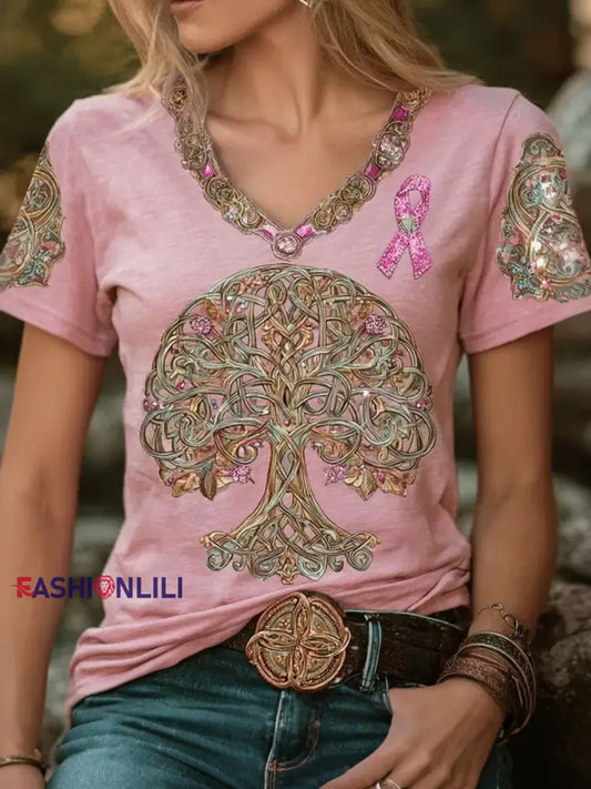 Women’s Breast Cancer Tree of Life V Neck T Shirts Pink / S
