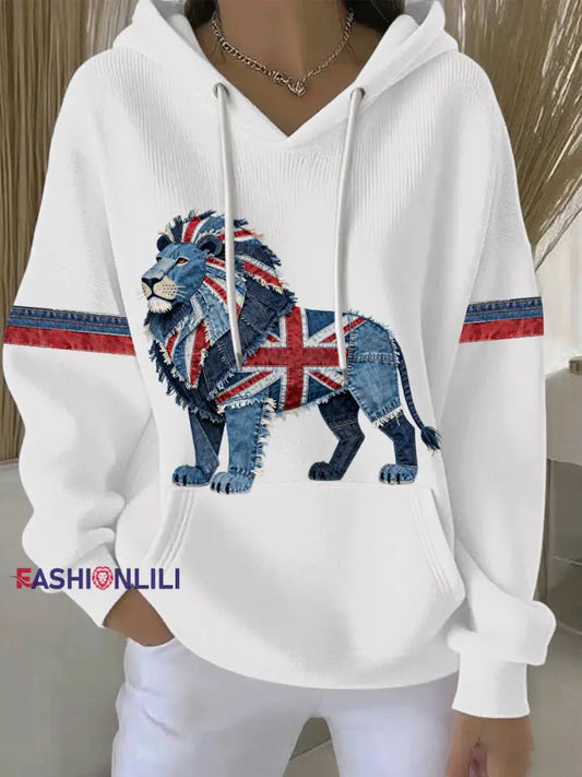 Women’s British Faux Denim Print Casual Hoodie White / S