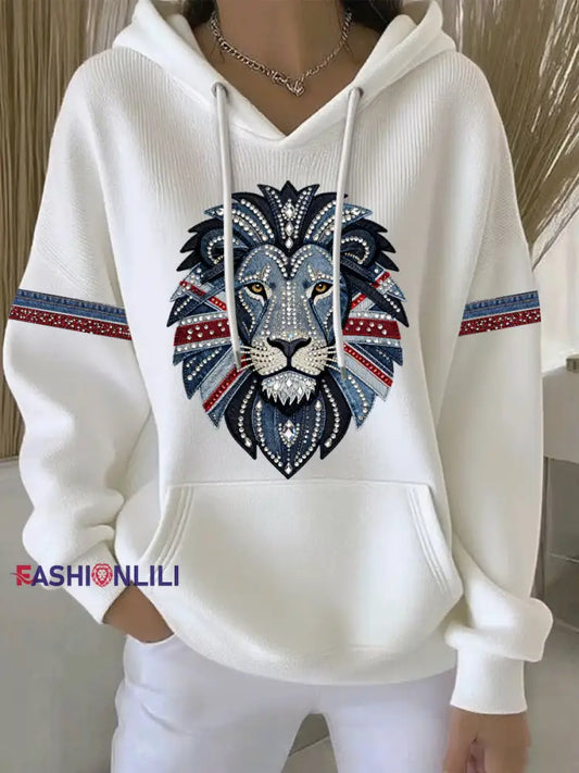 Women’s British Faux Denim Print Casual Hoodie White / S