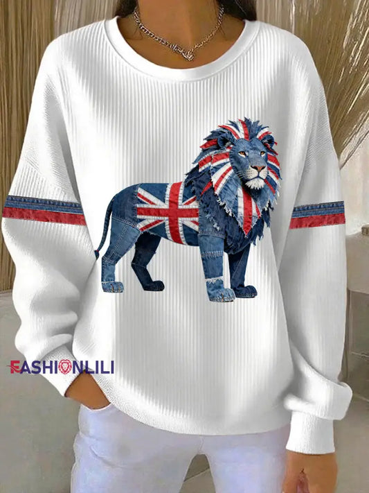 Women’s British Faux Denim Print Casual Sweatshirt White / S
