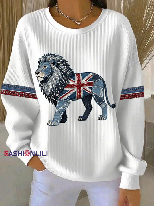 Women’s British Faux Denim Print Casual Sweatshirt White / S