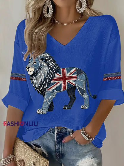 Women’s British Faux Denim Printed Casual T-shirt Blue / S