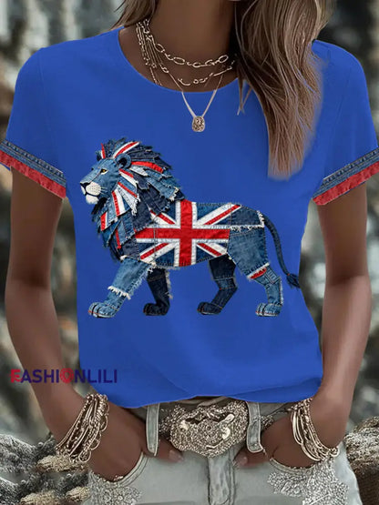 Women’s British Faux Denim Printed T-shirt Blue / S