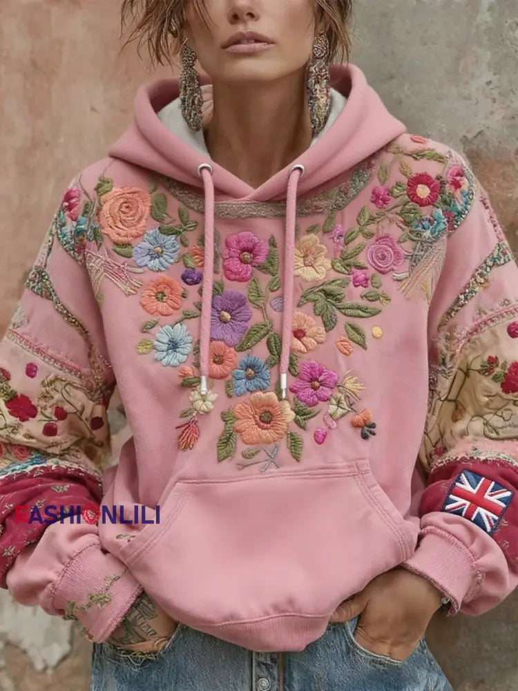 Women’s british flag and flowers hoodie Pink / S