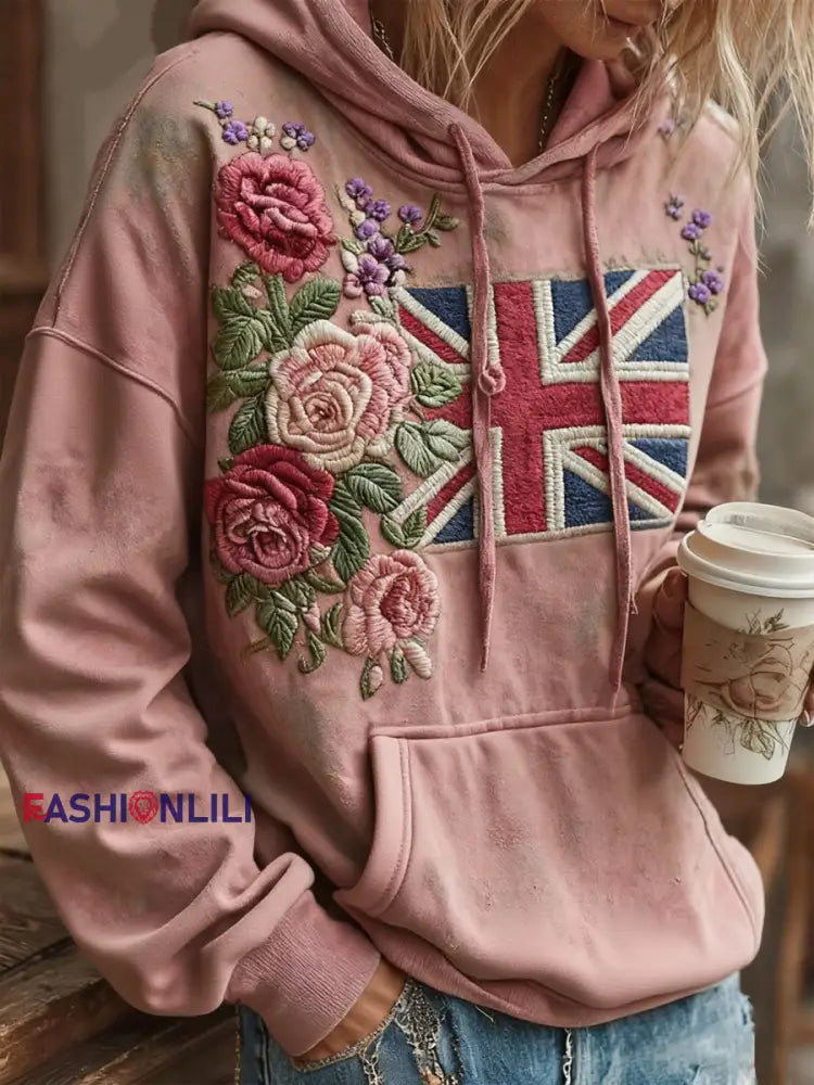 Women’s british flag and flowers hoodie Pink / S