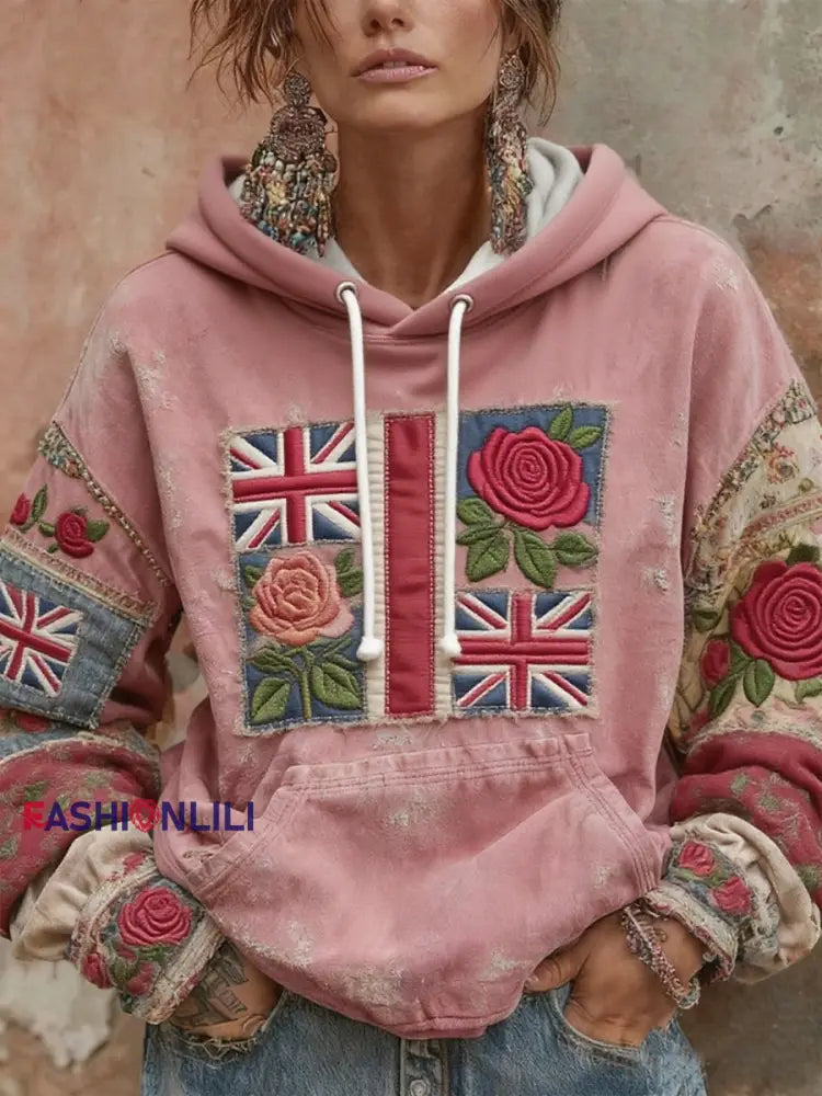 Women’s British flag and roses hoodie Pink / S