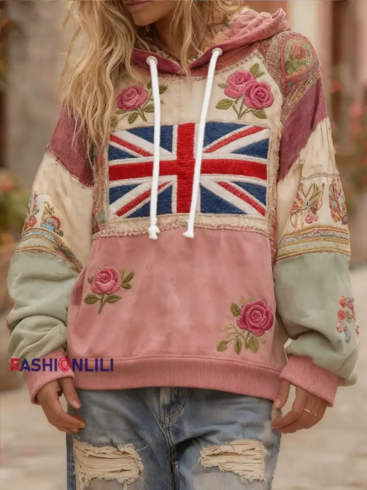 Women’s british flag flower Drawstring Hoodie As picture / S