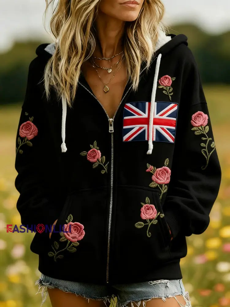 Women’s british flag flower Zip-Up Hoodie Black / S