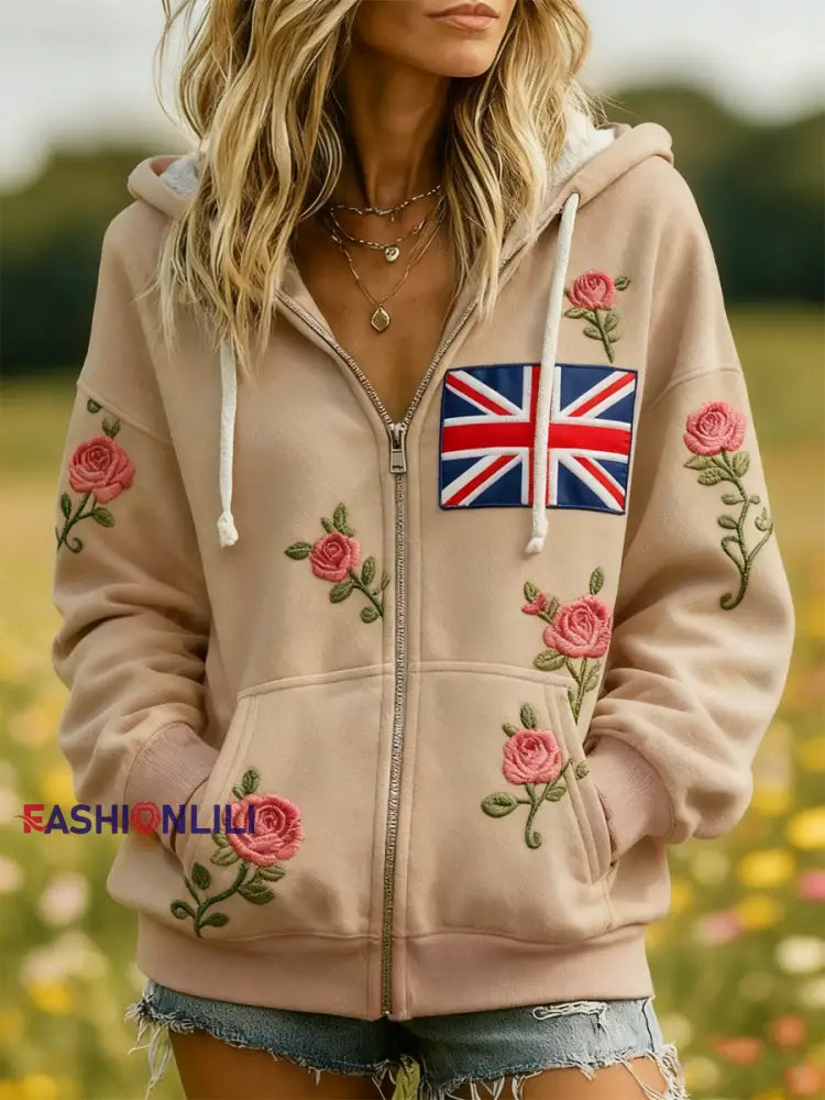 Women’s british flag flower Zip-Up Hoodie Khaki / S