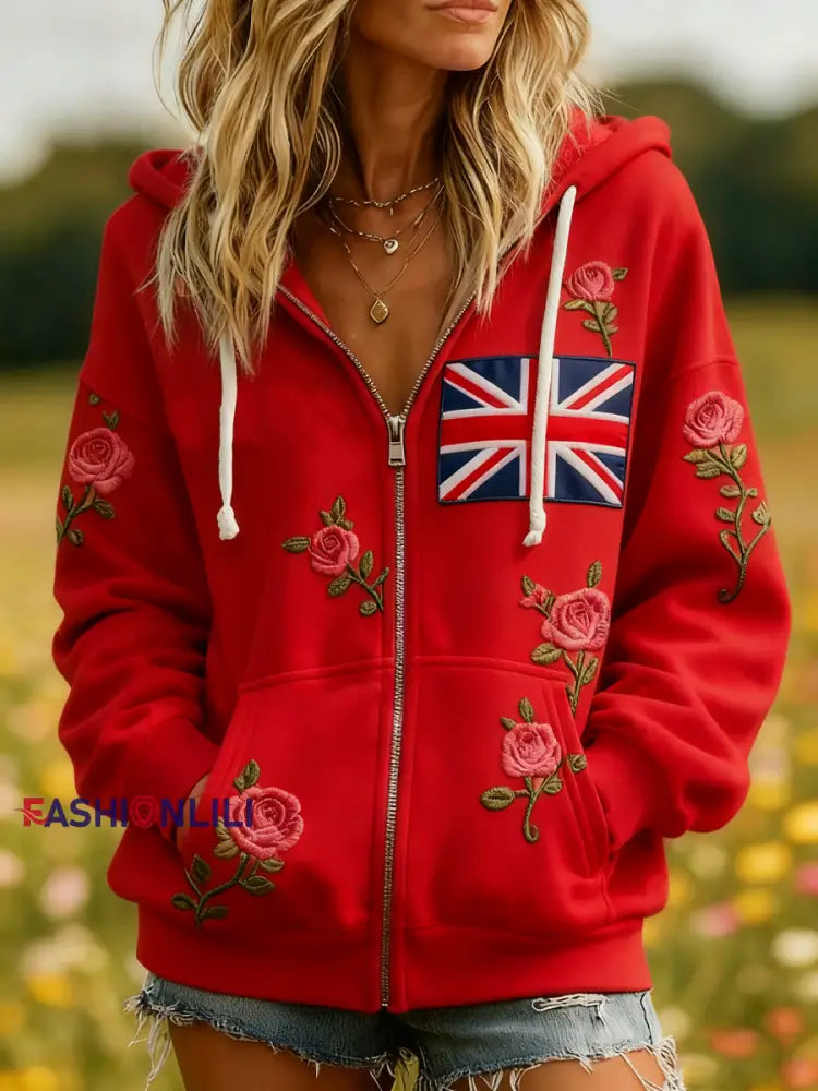 Women’s british flag flower Zip-Up Hoodie Red / S