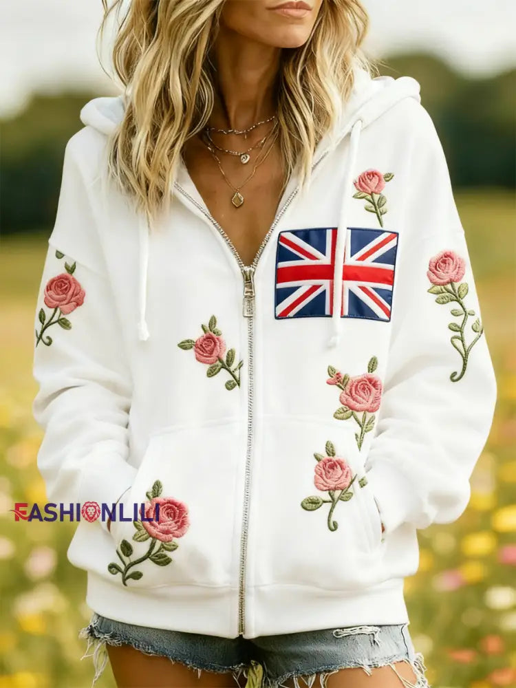 Women’s british flag flower Zip-Up Hoodie White / S