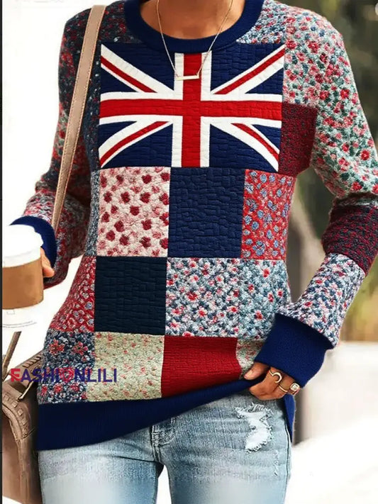 Women’s British Flag Patchwork Printed fitted sweatshirt As picture / S