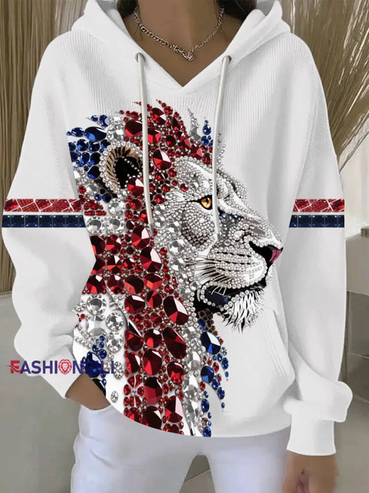 Women’s British imitation diamond hot-drilling print casual hoodie White / S