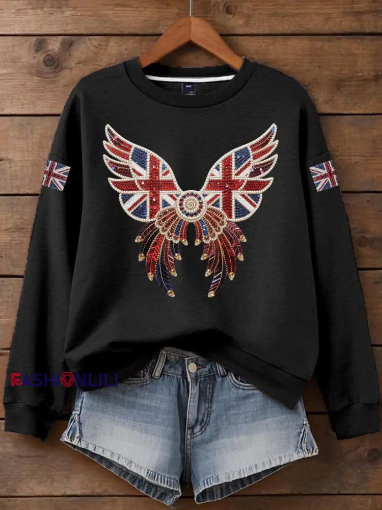Women’s British imitation diamond hot drilling Print Sweatshirt Black / S