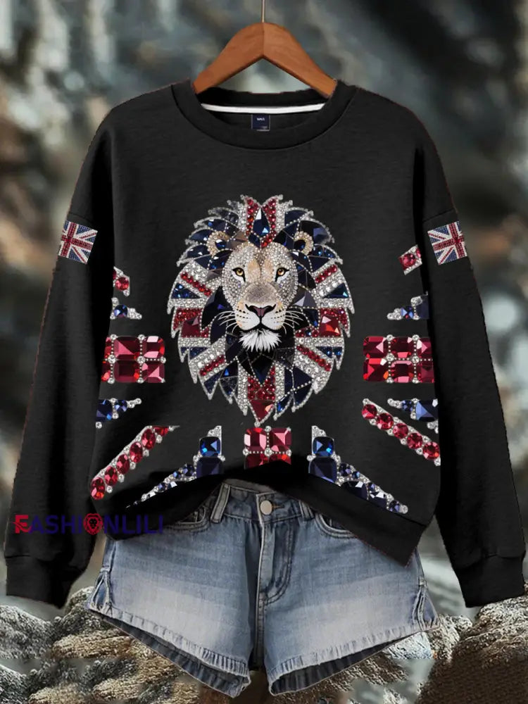 Women’s British imitation diamond hot drilling Print Sweatshirt Black / S