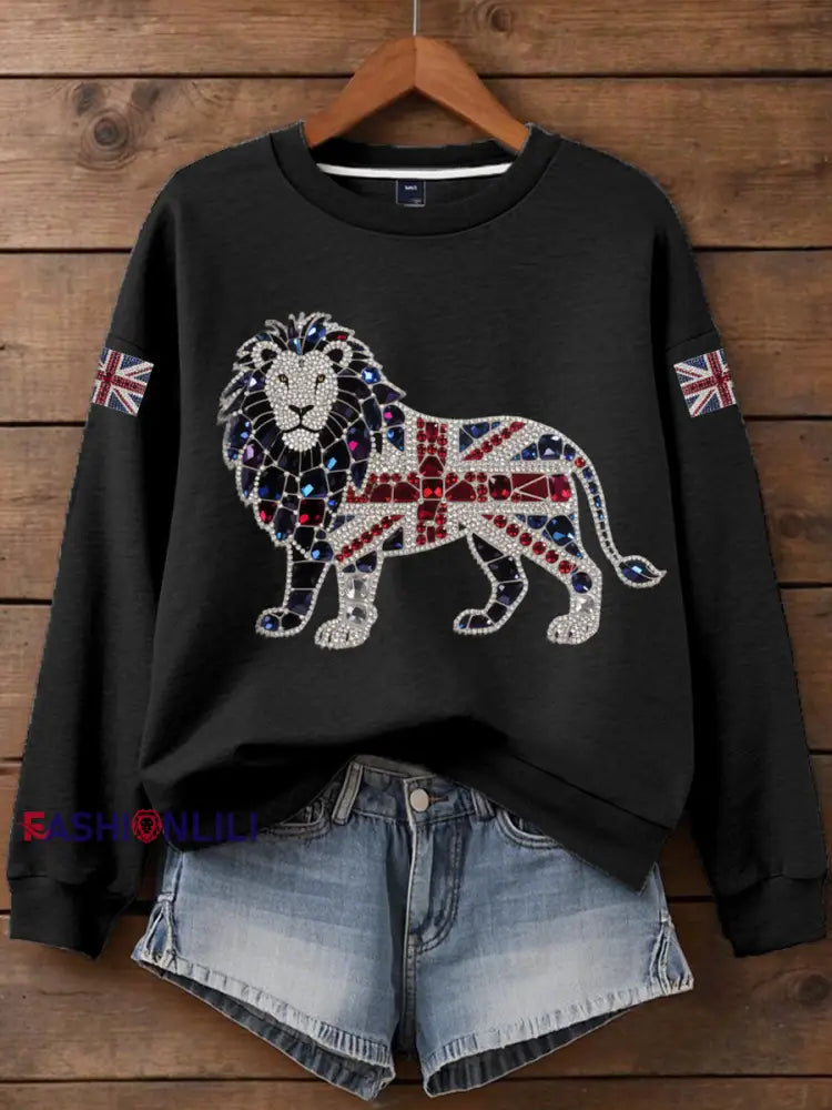 Women’s British imitation diamond hot drilling Print Sweatshirt Black / S