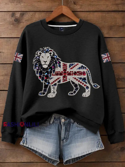 Women’s British imitation diamond hot drilling Print Sweatshirt Black / S