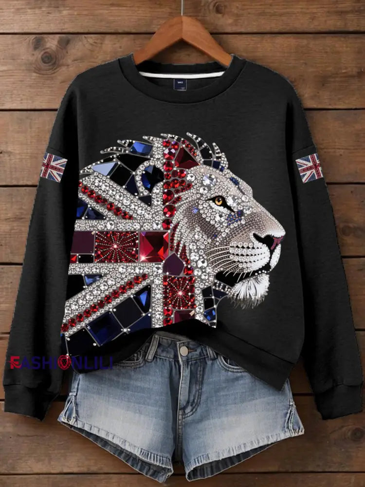 Women’s British imitation diamond hot drilling Print Sweatshirt Black / S