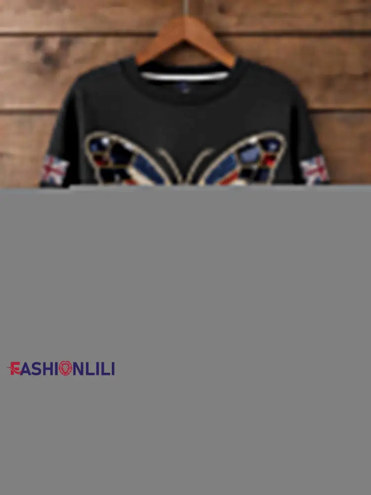 Women’s British imitation diamond hot drilling Print Sweatshirt Black / S