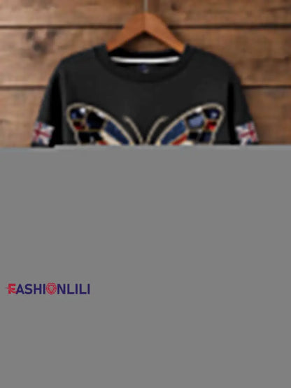 Women’s British imitation diamond hot drilling Print Sweatshirt Black / S