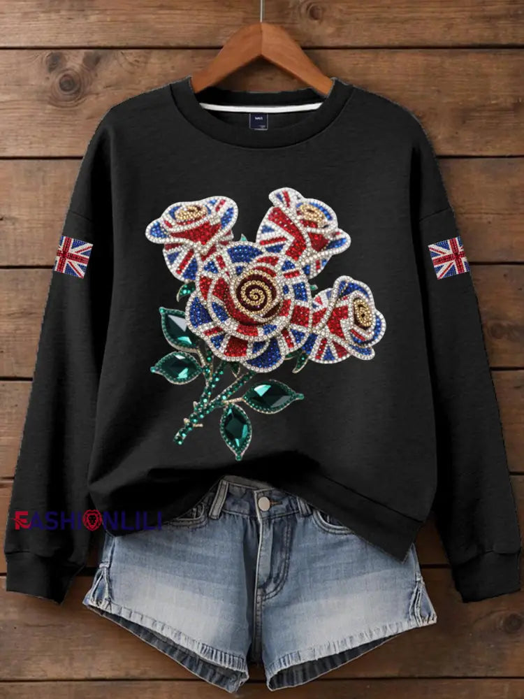 Women’s British imitation diamond hot drilling Print Sweatshirt Black / S
