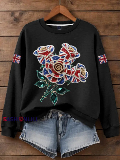 Women’s British imitation diamond hot drilling Print Sweatshirt Black / S