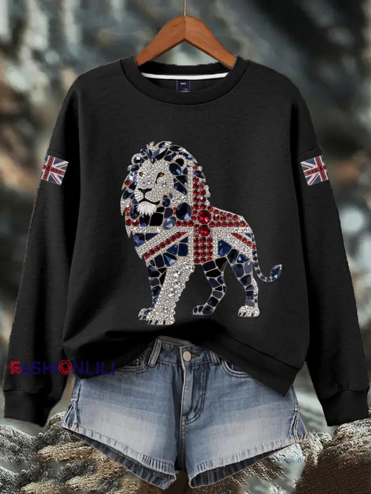 Women’s British imitation diamond hot drilling Print Sweatshirt Black / S
