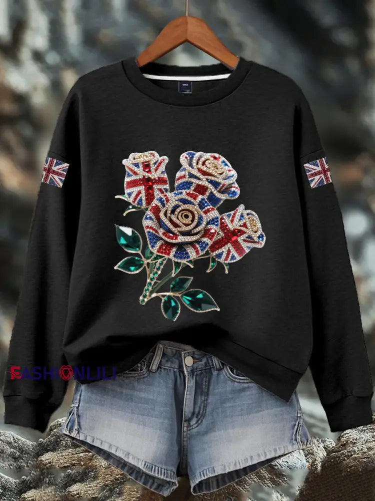 Women’s British imitation diamond hot drilling Print Sweatshirt Black / S