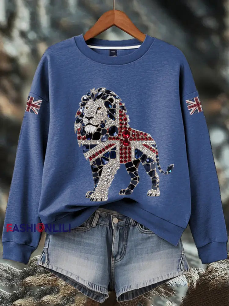 Women’s British imitation diamond hot drilling Print Sweatshirt Blue / S