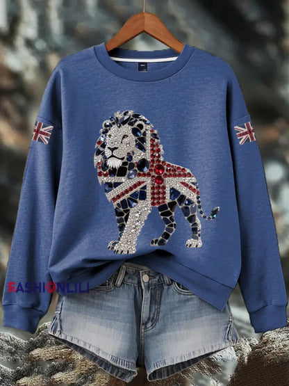 Women’s British imitation diamond hot drilling Print Sweatshirt Blue / S