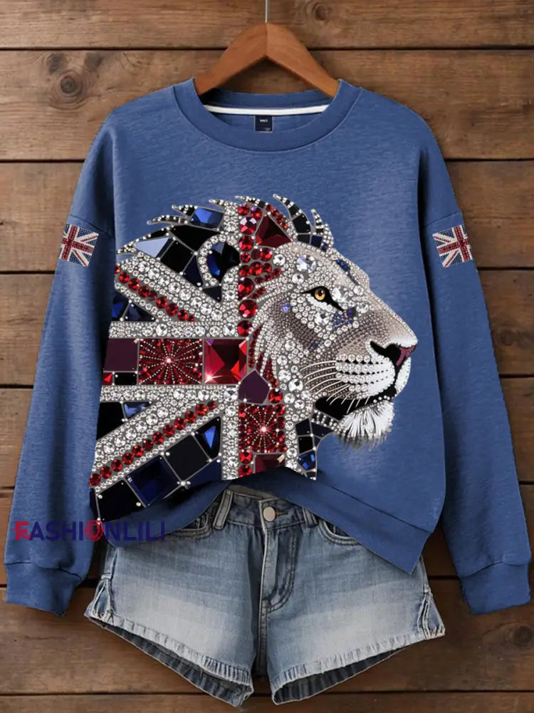 Women’s British imitation diamond hot drilling Print Sweatshirt Blue / S