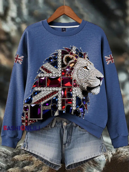 Women’s British imitation diamond hot-drilling Print Sweatshirt Blue / S