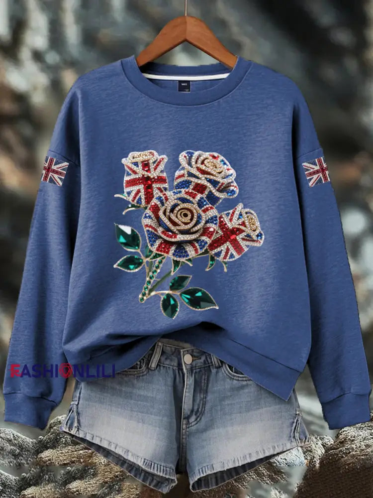 Women’s British imitation diamond hot drilling Print Sweatshirt Blue / S