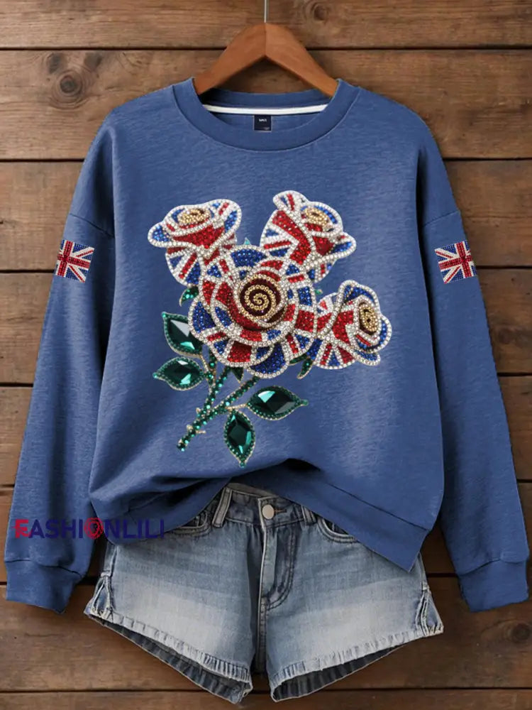 Women’s British imitation diamond hot drilling Print Sweatshirt Blue / S