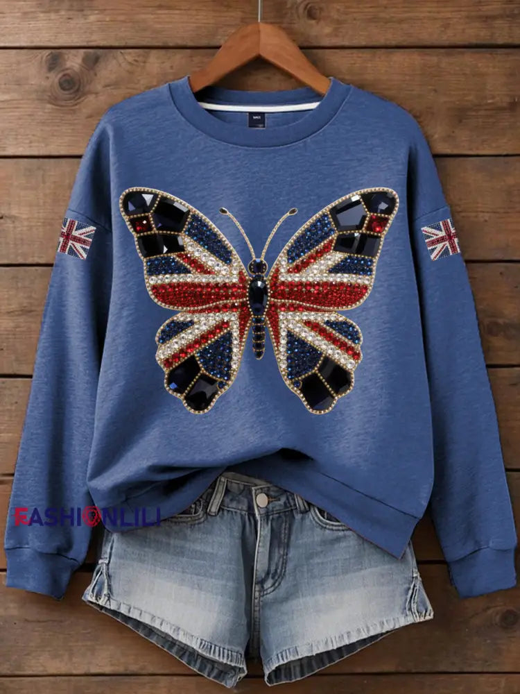 Women’s British imitation diamond hot drilling Print Sweatshirt Blue / S