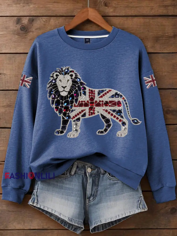 Women’s British imitation diamond hot drilling Print Sweatshirt Blue / S