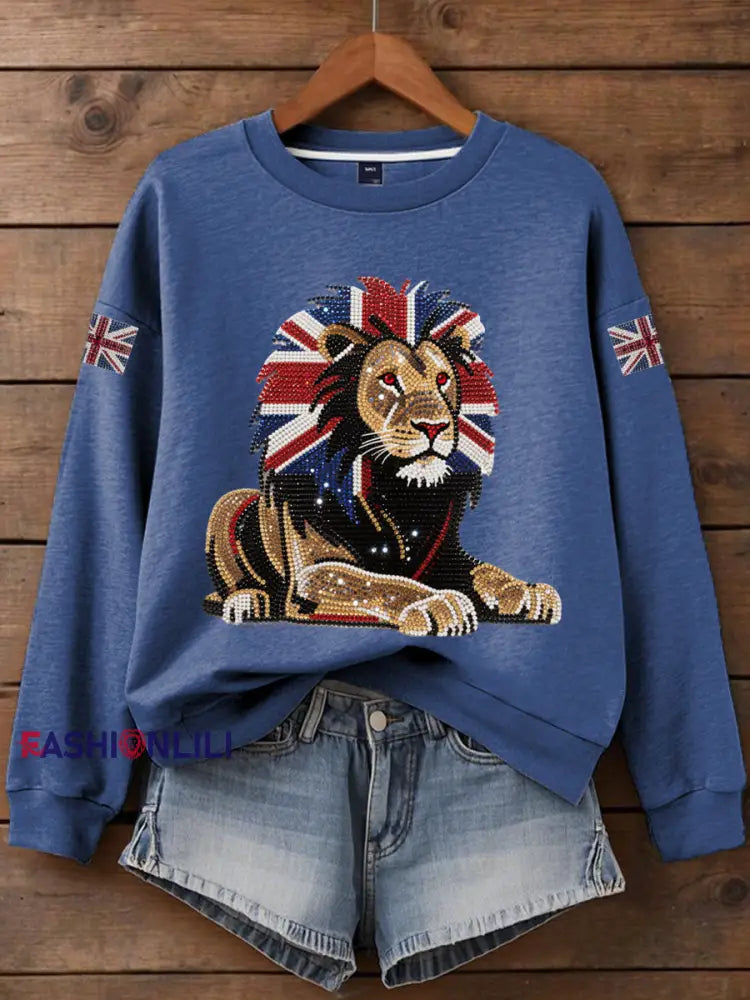 Women’s British imitation diamond hot drilling Print Sweatshirt Blue / S