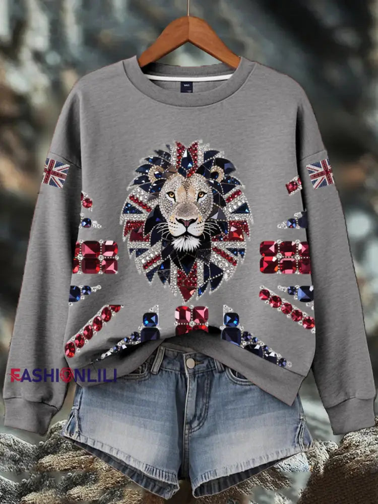 Women’s British imitation diamond hot drilling Print Sweatshirt Gray / S