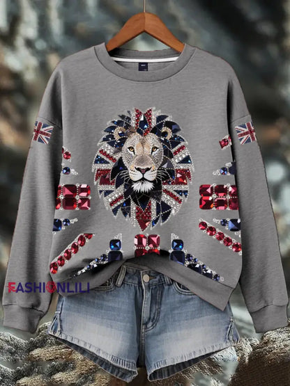 Women’s British imitation diamond hot drilling Print Sweatshirt Gray / S