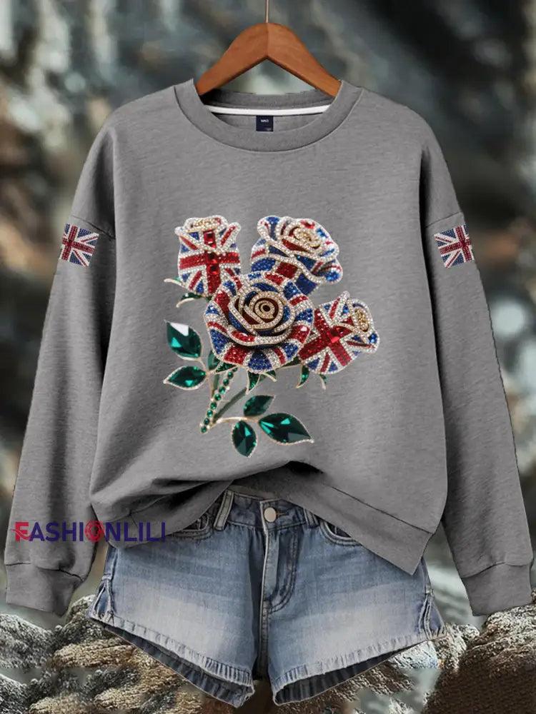 Women’s British imitation diamond hot drilling Print Sweatshirt Gray / S