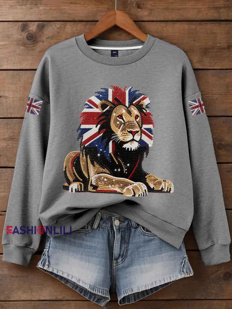 Women’s British imitation diamond hot drilling Print Sweatshirt Gray / S
