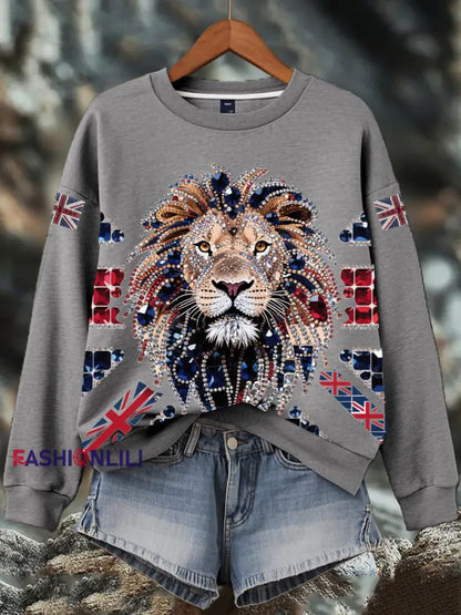 Women’s British imitation diamond hot-drilling Print Sweatshirt Gray / S