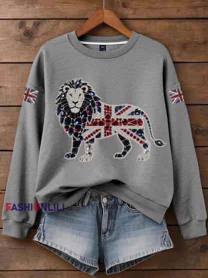 Women’s British imitation diamond hot drilling Print Sweatshirt Gray / S