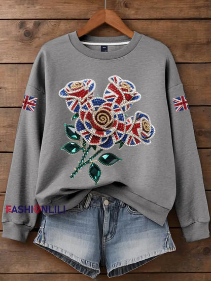 Women’s British imitation diamond hot drilling Print Sweatshirt Gray / S