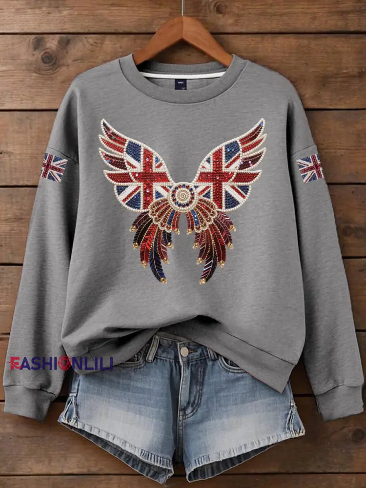 Women’s British imitation diamond hot drilling Print Sweatshirt Gray / S