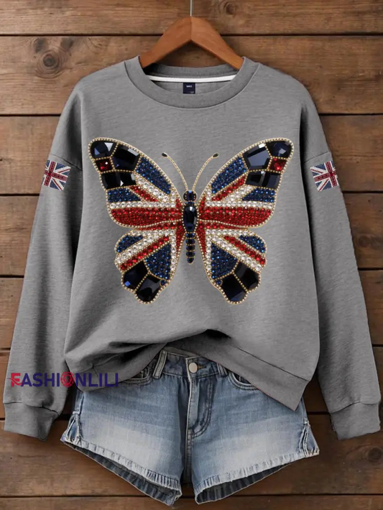 Women’s British imitation diamond hot drilling Print Sweatshirt Gray / S