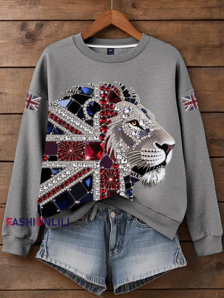 Women’s British imitation diamond hot drilling Print Sweatshirt Gray / S